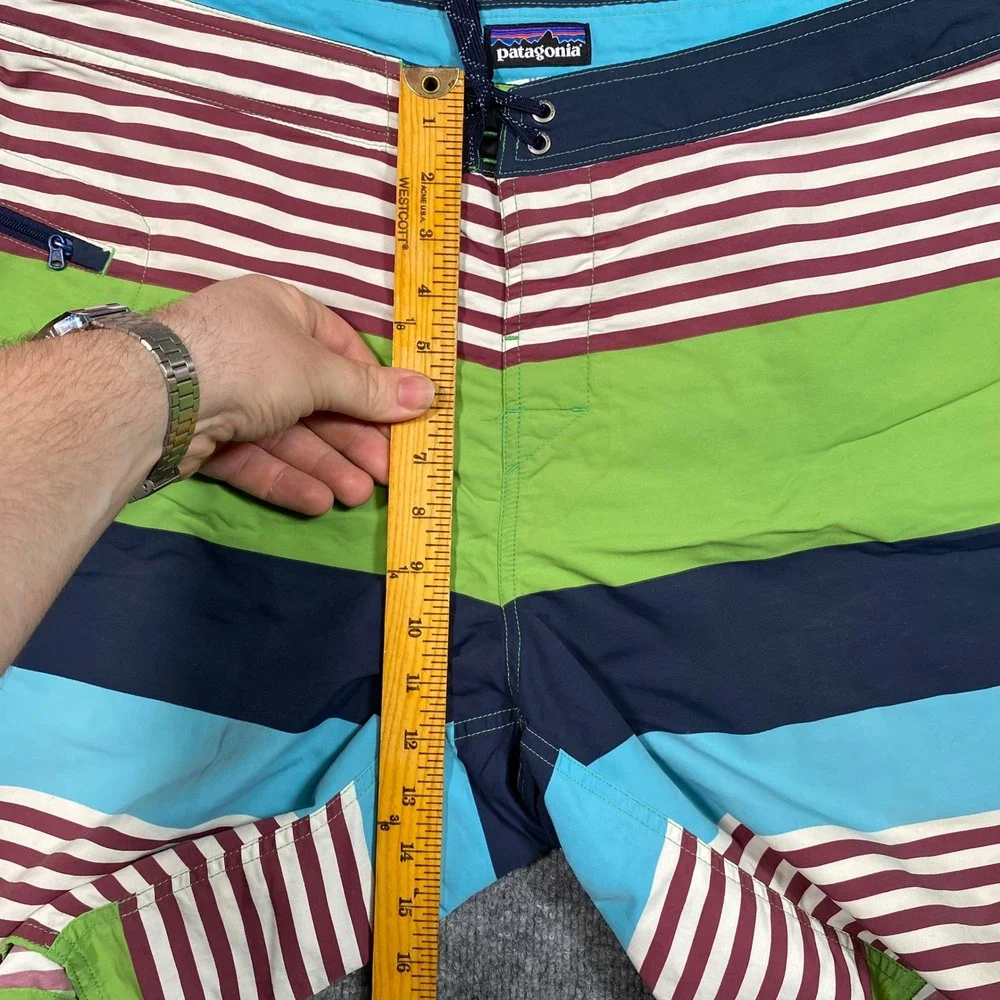 Patagonia Mens Striped Board Shorts Green Blue Maroon Swim Trunks Size‎ 38